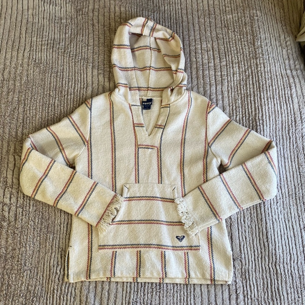 Roxy Long Sleeve Pullover Hoodie Size Small White and Colorful Stripes Hippie